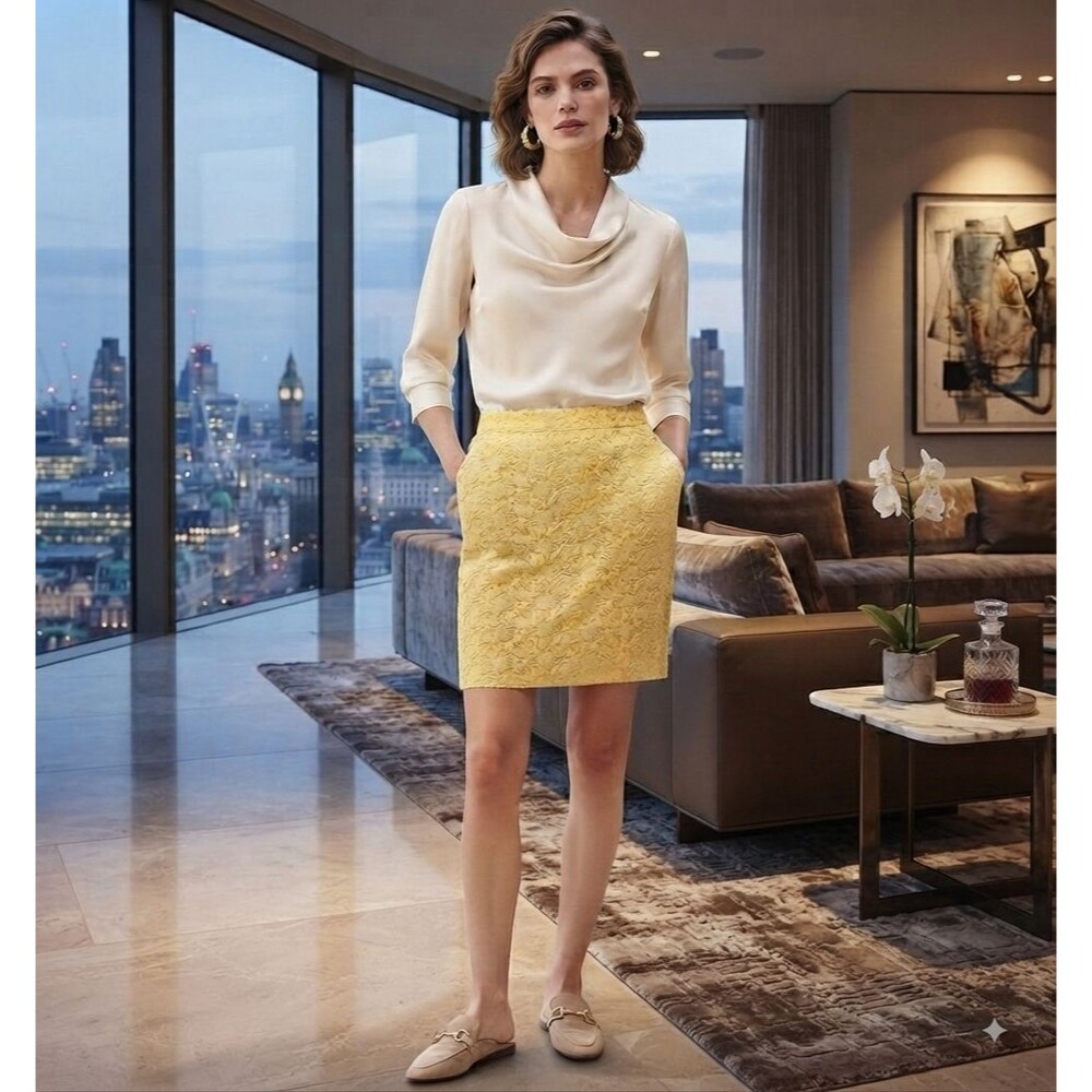 Talbots Butter Yellow Floral Lace Pencil Skirt Women Size 12 Lined Spring Summer